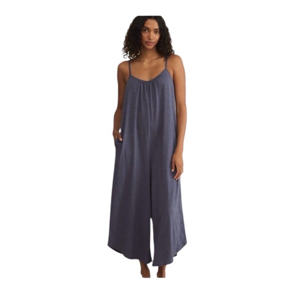 Z Supply Blue Textured Jumpsuit Size M Flared Wide Leg Adjustable Straps Boho